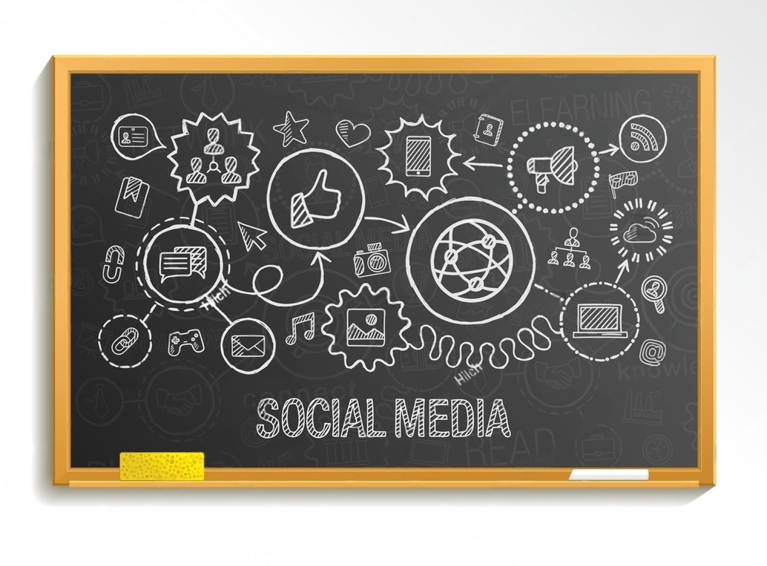 A blackboard featuring various social media symbols and concepts, highlighting the theme of online interaction and connectivity.