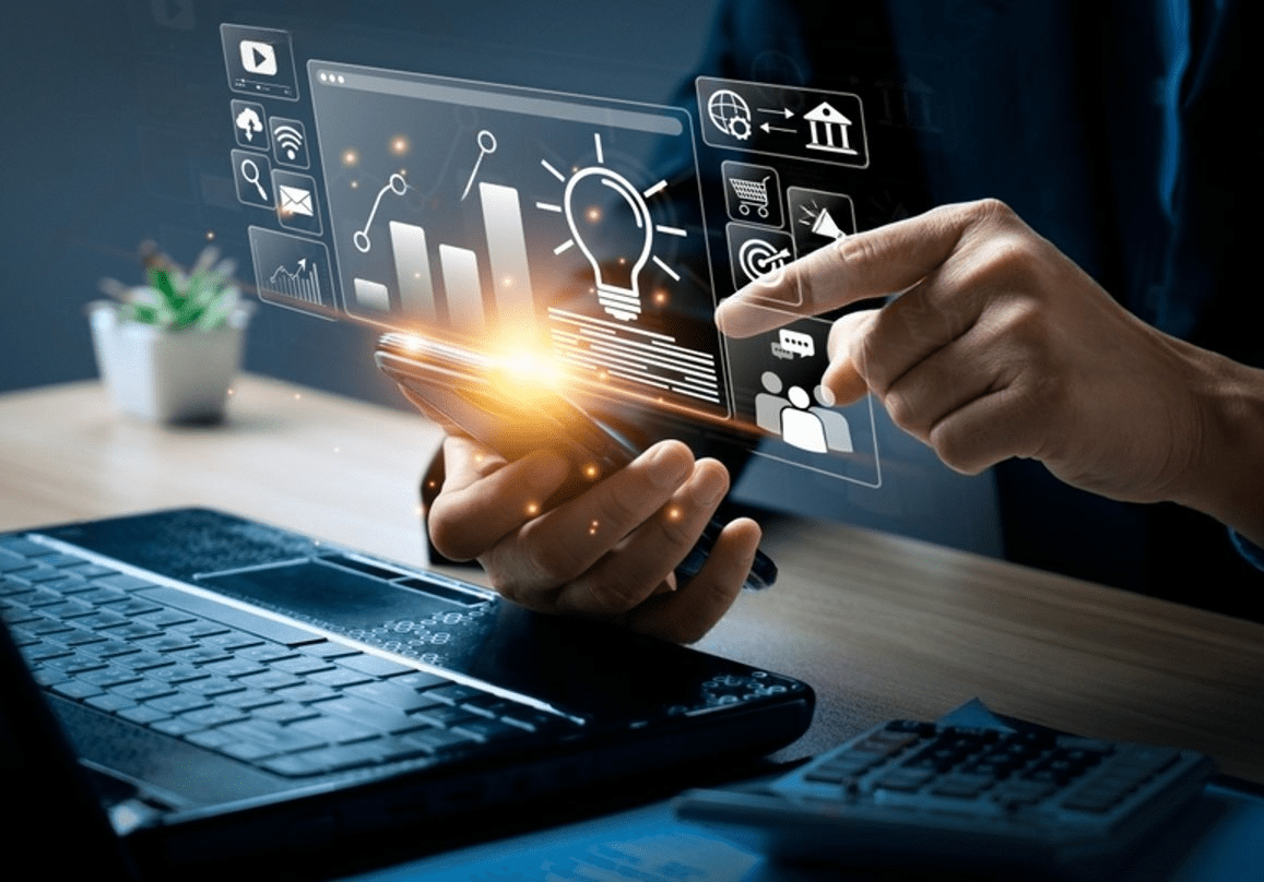 A businessman checking business details on his smartphone, surrounded by digital marketing statistics.