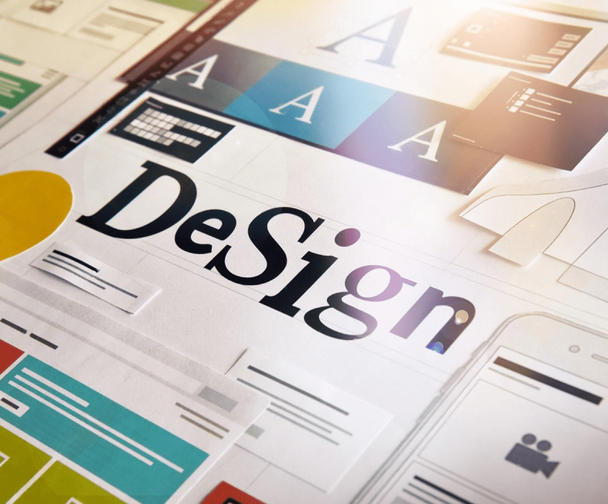 A graphic depicting a website design process, with "design" prominently displayed as a focal point.