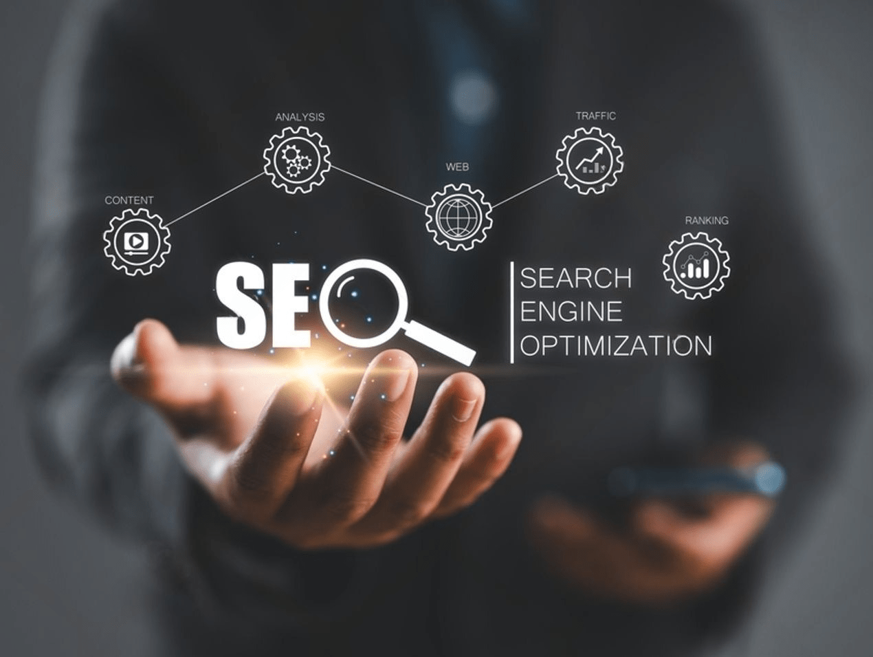 Text focused on SEO, illustrating its significance in online visibility and search engine rankings.